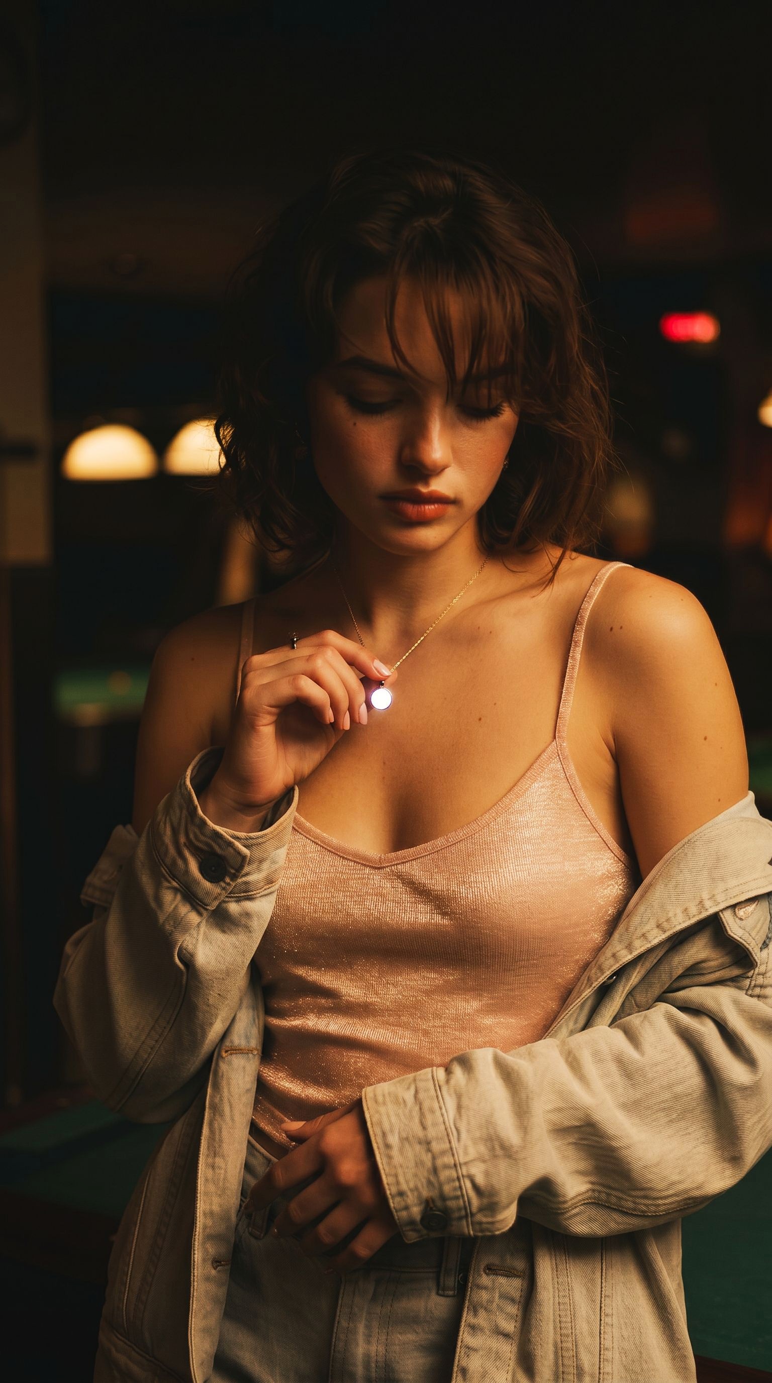 Louis Jacques self-illuminating sterling silver necklace held by model in warm pool bar scene.